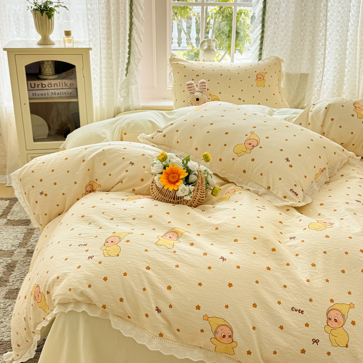 91家纺网 家纺一手货源 找家纺 寻米 2026新款全棉镂空花边云感双层纱四件套 摘星星