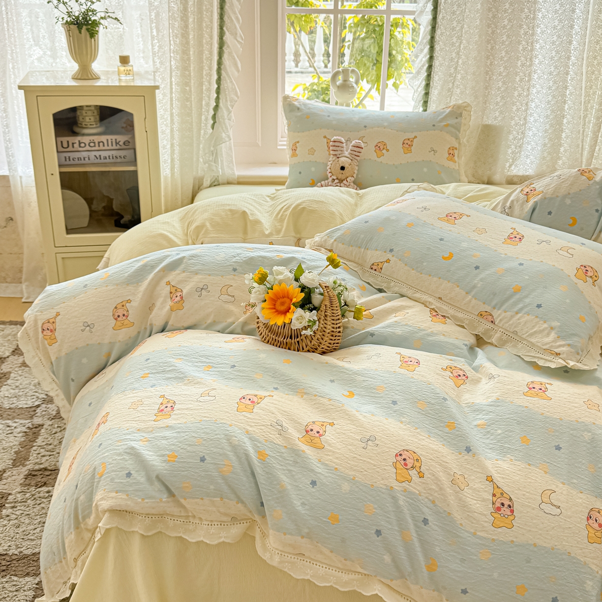 91家纺网 家纺一手货源 找家纺 寻米 2026新款全棉镂空花边云感双层纱四件套 晚安小宝