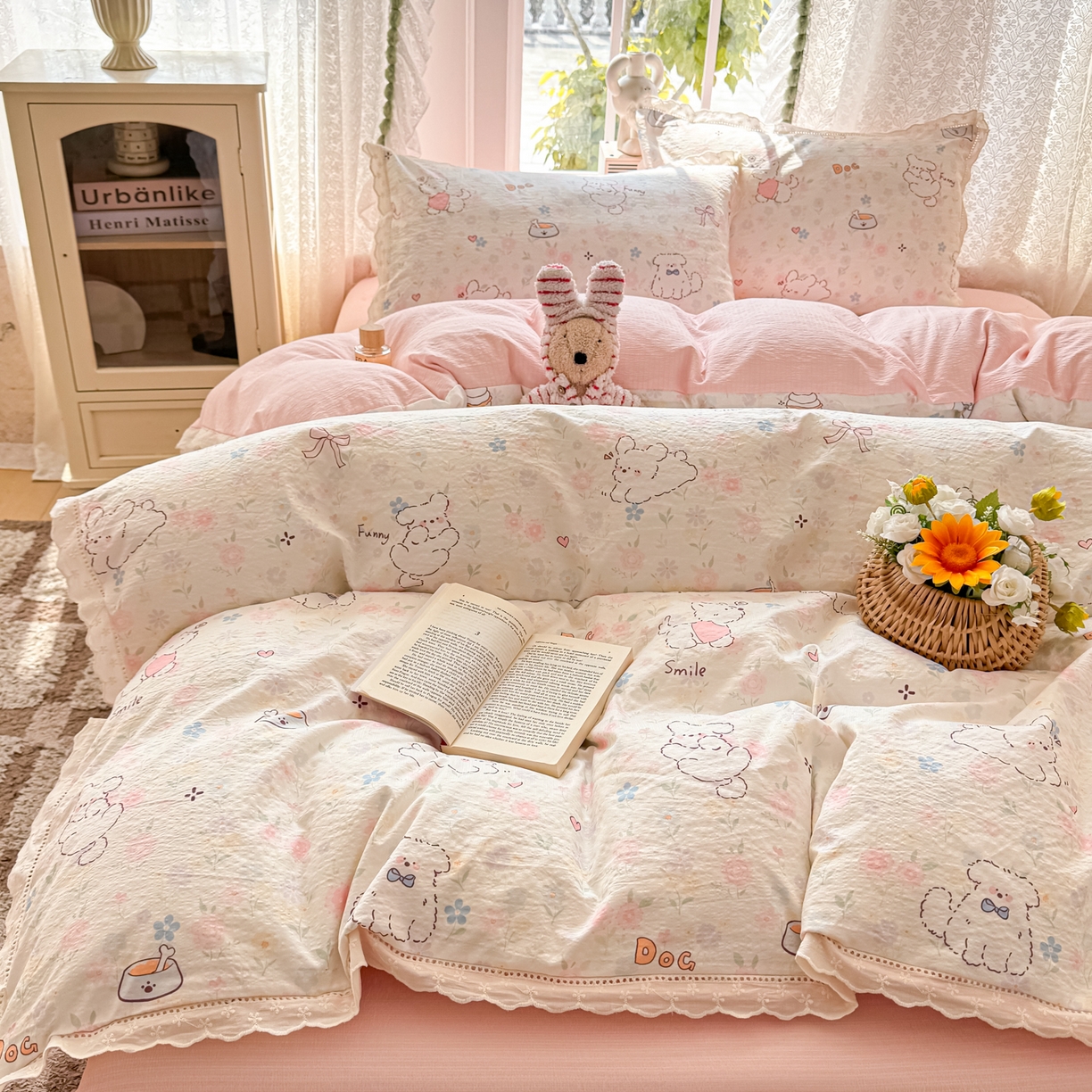 91家纺网 家纺一手货源 找家纺 寻米 2026新款全棉镂空花边云感双层纱四件套 点点小狗