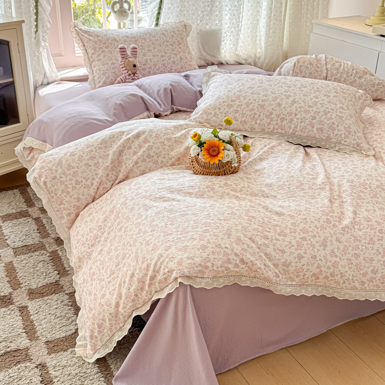 91家纺网 家纺一手货源 找家纺 寻米 2026新款全棉镂空花边云感双层纱四件套 春日玫瑰