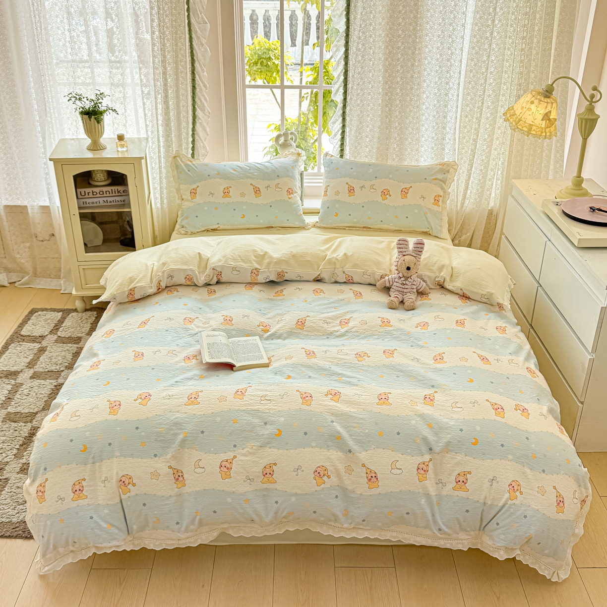 91家纺网 家纺一手货源 找家纺 寻米 2026新款全棉镂空花边云感双层纱四件套 晚安小宝