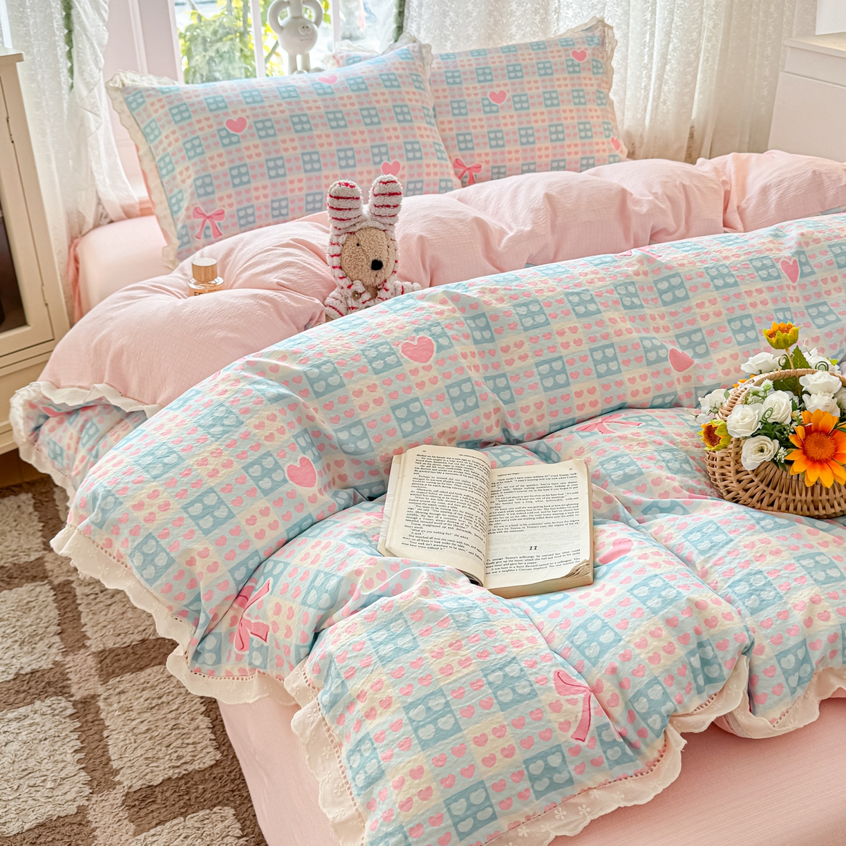 91家纺网 家纺一手货源 找家纺 寻米 2026新款全棉镂空花边云感双层纱四件套 爱你