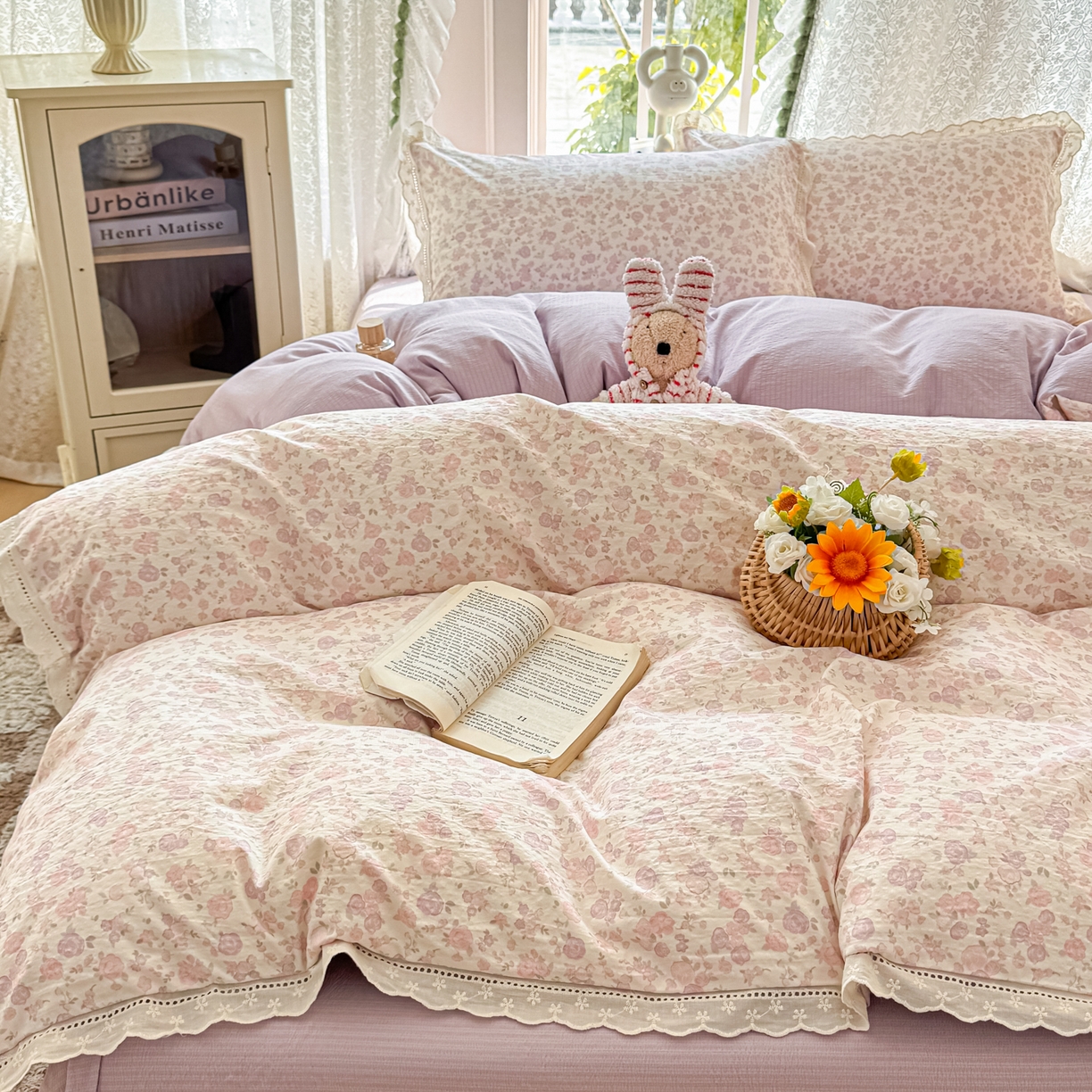 91家纺网 家纺一手货源 找家纺 寻米 2026新款全棉镂空花边云感双层纱四件套 春日玫瑰