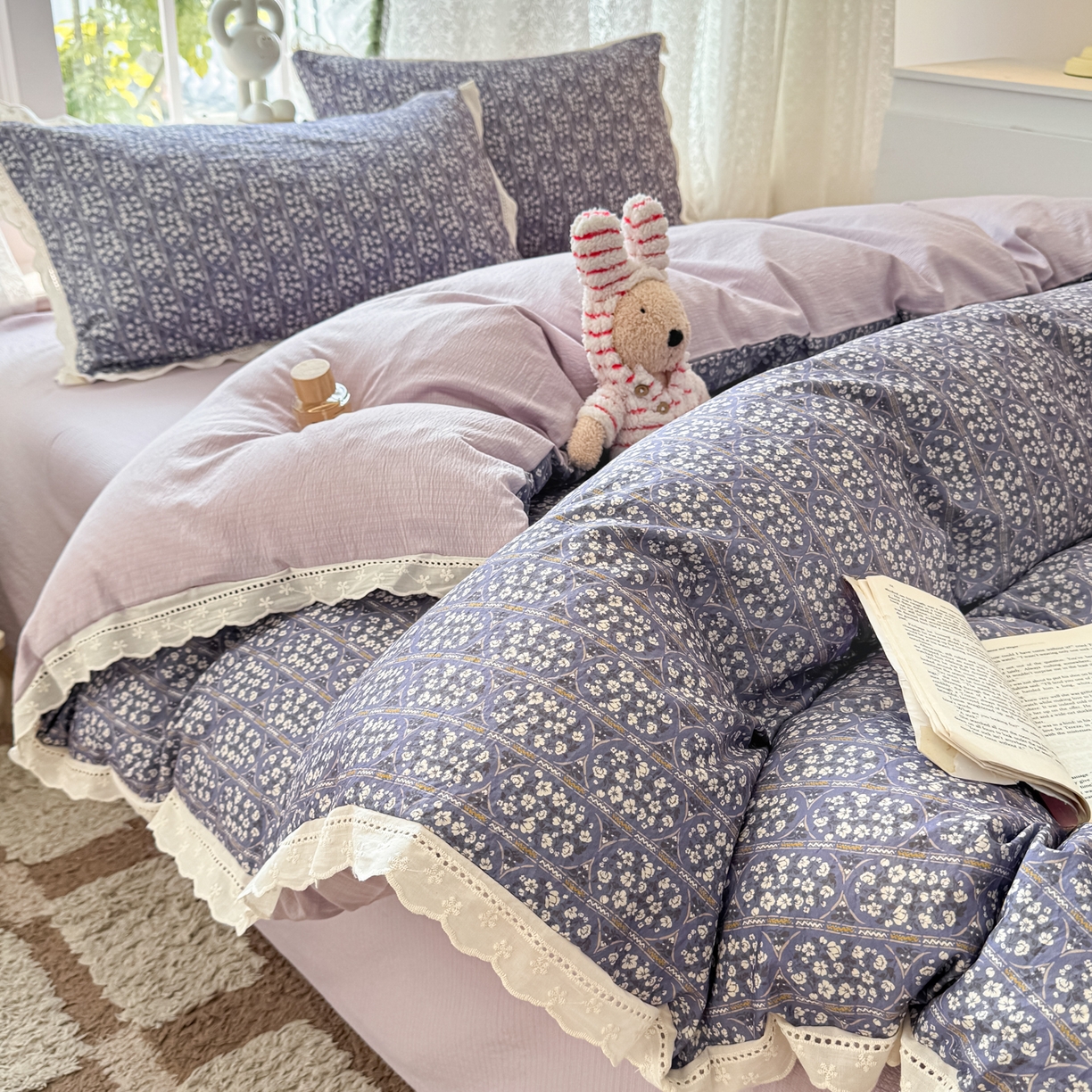 91家纺网 家纺一手货源 找家纺 寻米 2026新款全棉镂空花边云感双层纱四件套 普罗旺斯