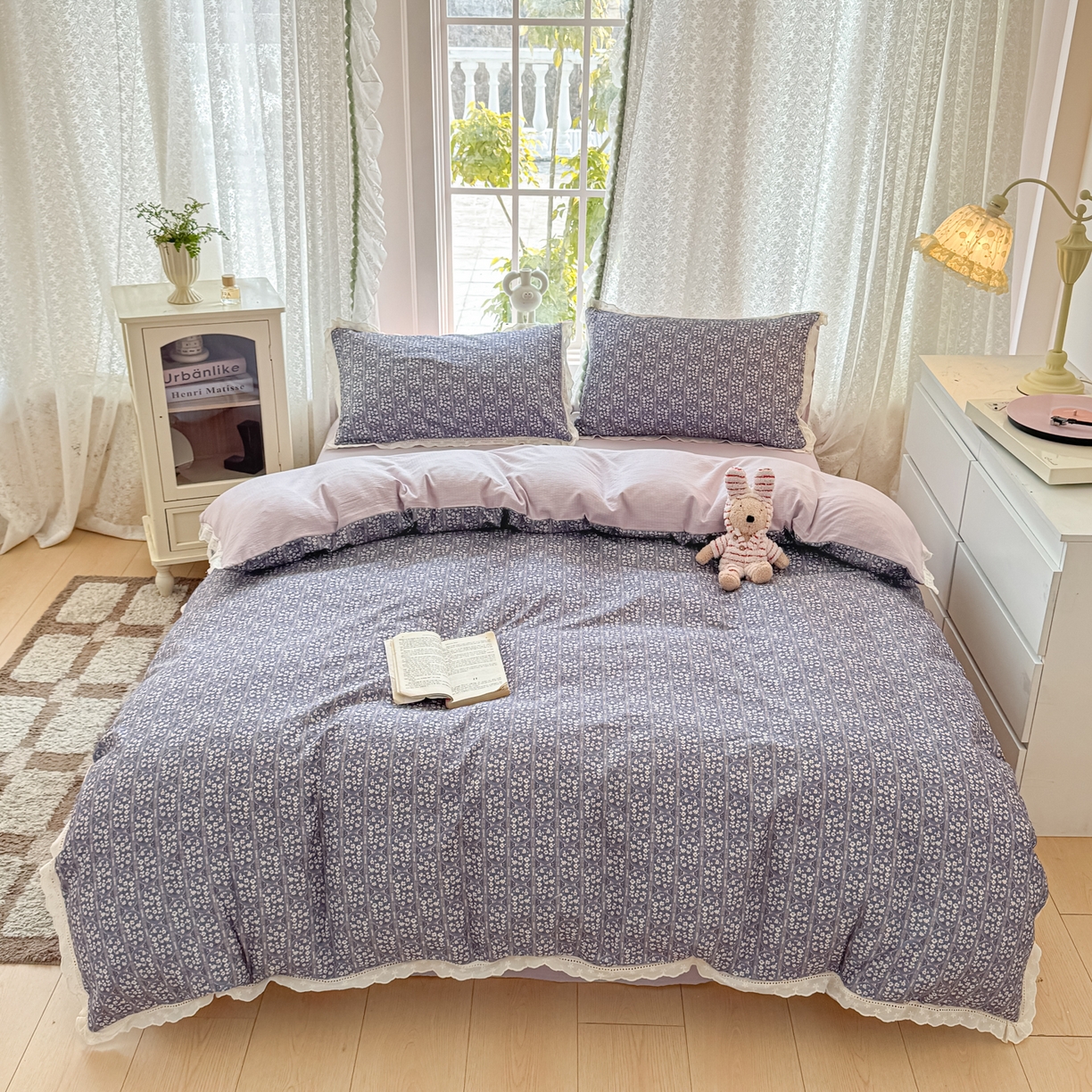 91家纺网 家纺一手货源 找家纺 寻米 2026新款全棉镂空花边云感双层纱四件套 普罗旺斯