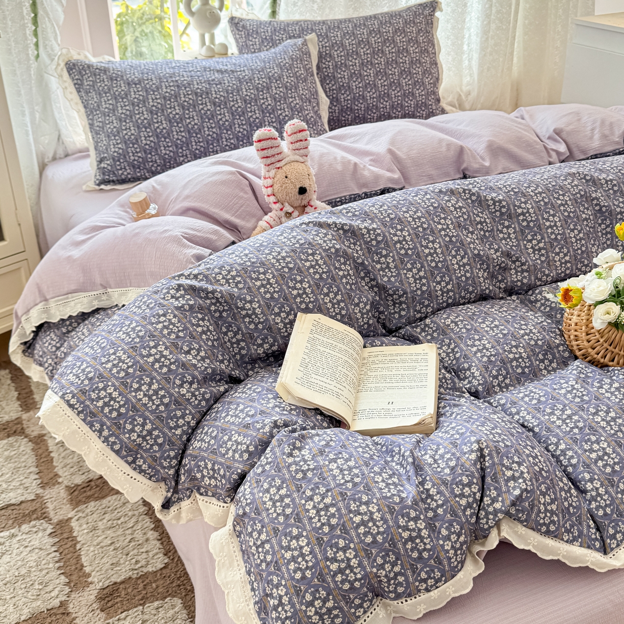 91家纺网 家纺一手货源 找家纺 寻米 2026新款全棉镂空花边云感双层纱四件套 普罗旺斯