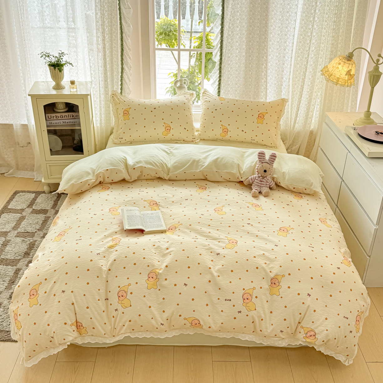 91家纺网 家纺一手货源 找家纺 寻米 2026新款全棉镂空花边云感双层纱四件套 摘星星