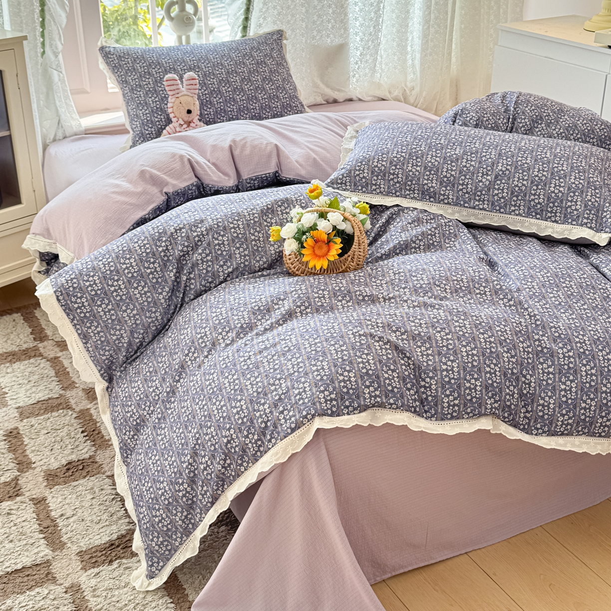 91家纺网 家纺一手货源 找家纺 寻米 2026新款全棉镂空花边云感双层纱四件套 普罗旺斯