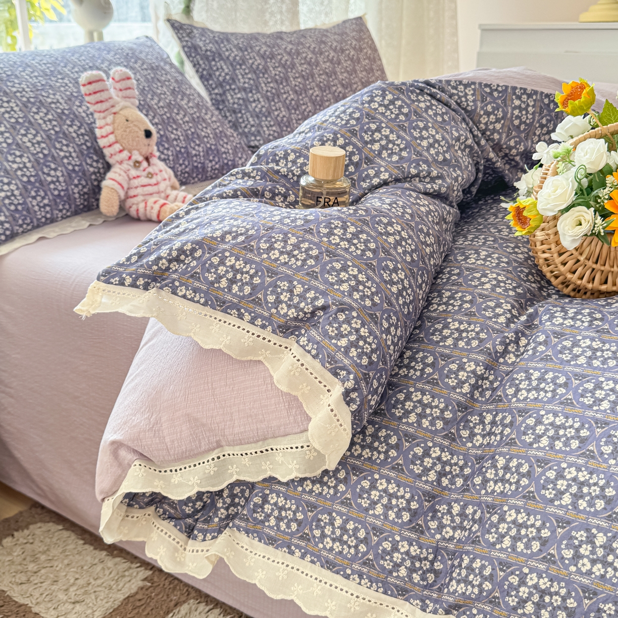 91家纺网 家纺一手货源 找家纺 寻米 2026新款全棉镂空花边云感双层纱四件套 普罗旺斯