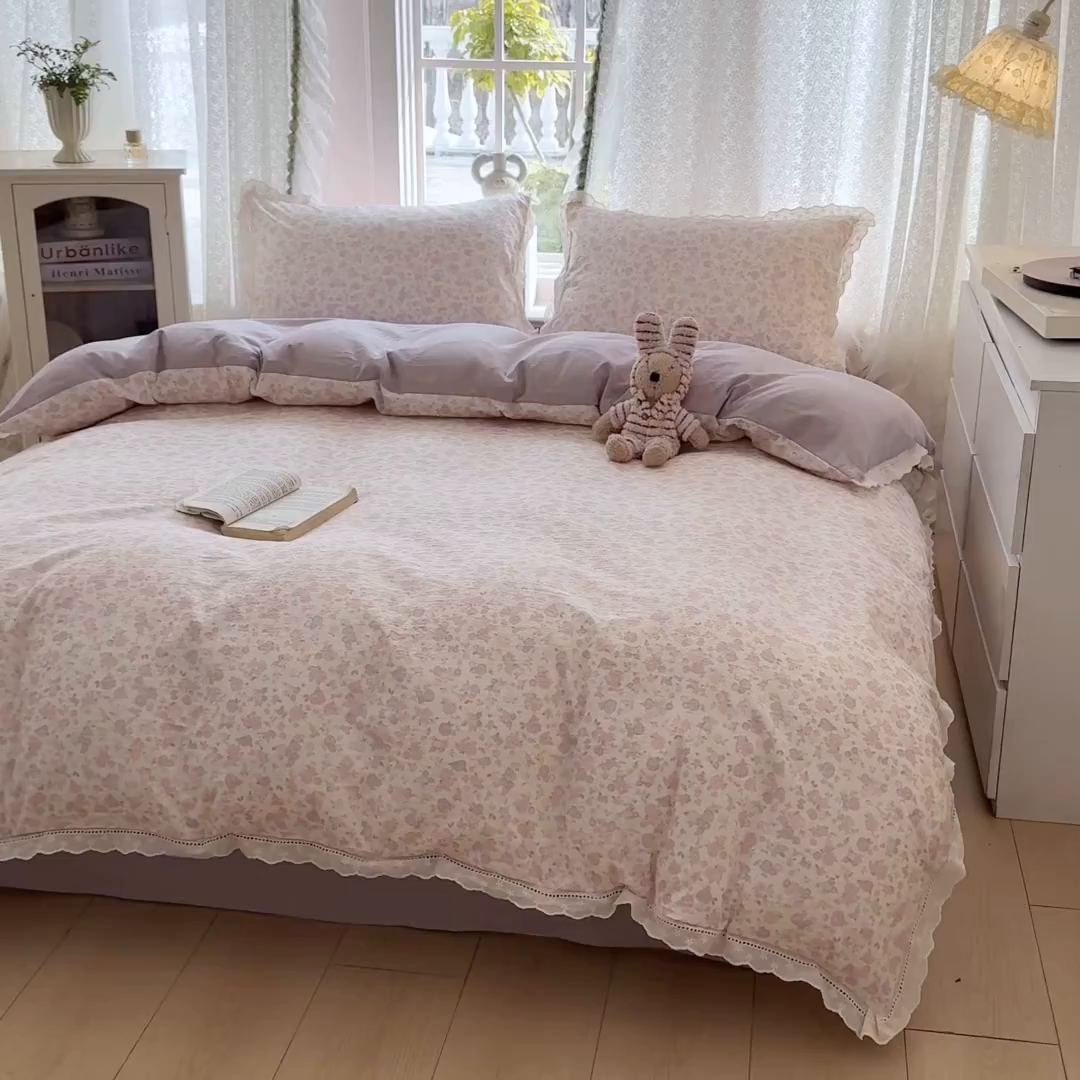 91家纺网 家纺一手货源 找家纺 寻米 2026新款全棉镂空花边云感双层纱四件套 春日玫瑰