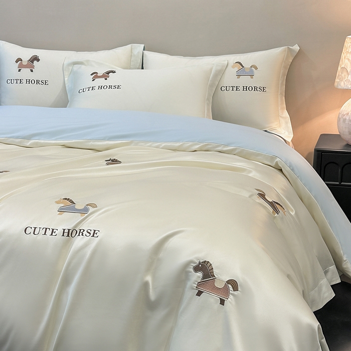 91家纺网 家纺一手货源 找家纺 618家纺 2026新款A类50S-100 支全长绒棉棉纯棉绣花四件套-爱马系列 爱马-米蓝