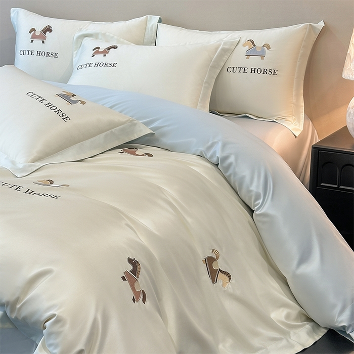 91家纺网 家纺一手货源 找家纺 618家纺 2026新款A类50S-100 支全长绒棉棉纯棉绣花四件套-爱马系列 爱马-米蓝