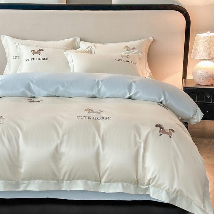 91家纺网 家纺一手货源 找家纺 618家纺 2026新款A类50S-100 支全长绒棉棉纯棉绣花四件套-爱马系列 爱马-米蓝