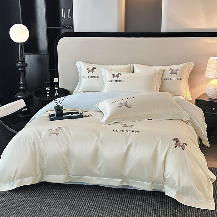 91家纺网 家纺一手货源 找家纺 618家纺 2026新款A类50S-100 支全长绒棉棉纯棉绣花四件套-爱马系列 爱马-米蓝