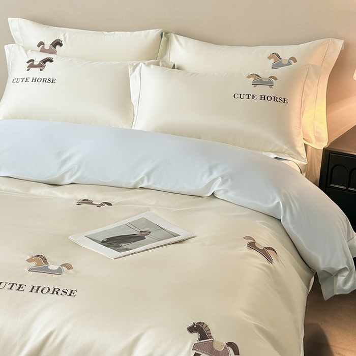 91家纺网 家纺一手货源 找家纺 618家纺 2026新款A类50S-100 支全长绒棉棉纯棉绣花四件套-爱马系列 爱马-米蓝