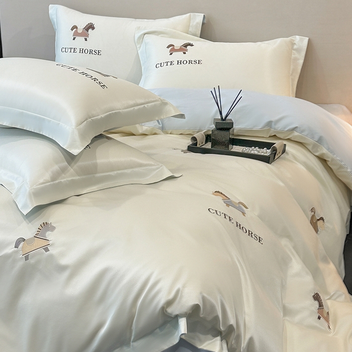 91家纺网 家纺一手货源 找家纺 618家纺 2026新款A类50S-100 支全长绒棉棉纯棉绣花四件套-爱马系列 爱马-米蓝