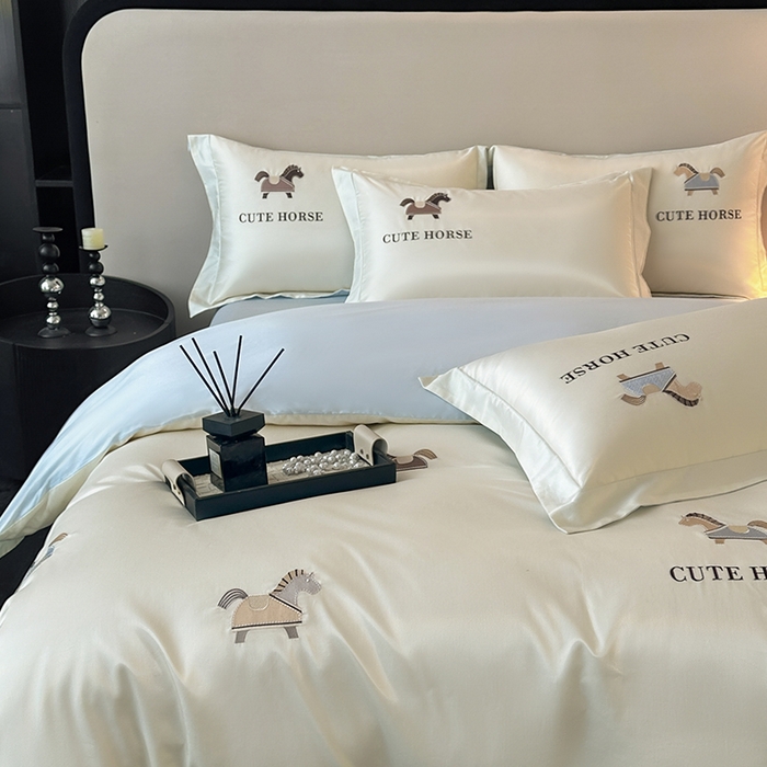 91家纺网 家纺一手货源 找家纺 618家纺 2026新款A类50S-100 支全长绒棉棉纯棉绣花四件套-爱马系列 爱马-米蓝