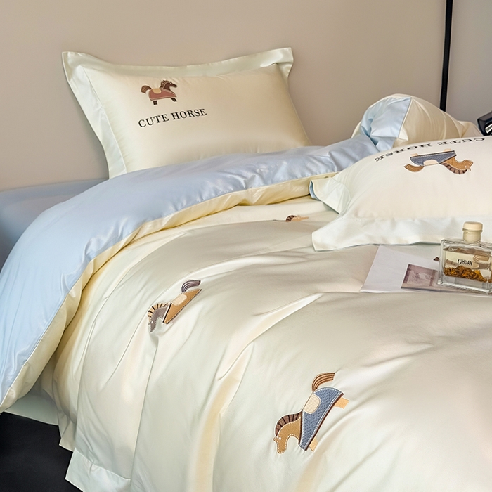 91家纺网 家纺一手货源 找家纺 618家纺 2026新款A类50S-100 支全长绒棉棉纯棉绣花四件套-爱马系列 爱马-米蓝