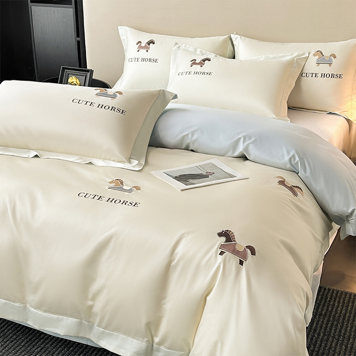 91家纺网 家纺一手货源 找家纺 618家纺 2026新款A类50S-100 支全长绒棉棉纯棉绣花四件套-爱马系列 爱马-米蓝