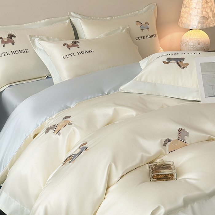 91家纺网 家纺一手货源 找家纺 618家纺 2026新款A类50S-100 支全长绒棉棉纯棉绣花四件套-爱马系列 爱马-米蓝