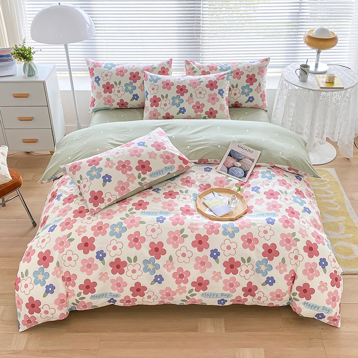 91家纺网 家纺一手货源 找家纺 宇彬家纺 2026直播新款13372A类全棉纯棉印花床单床笠款四件套和单被套喷气清新简约 花儿朵朵-粉