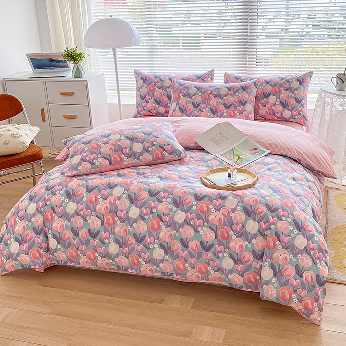 91家纺网 家纺一手货源 找家纺 宇彬家纺 2026直播新款13372A类全棉纯棉印花床单床笠款四件套和单被套喷气清新简约 花香丽影