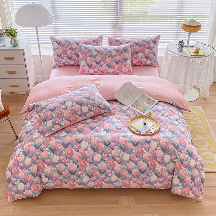 91家纺网 家纺一手货源 找家纺 宇彬家纺 2026直播新款13372A类全棉纯棉印花床单床笠款四件套和单被套喷气清新简约 花香丽影