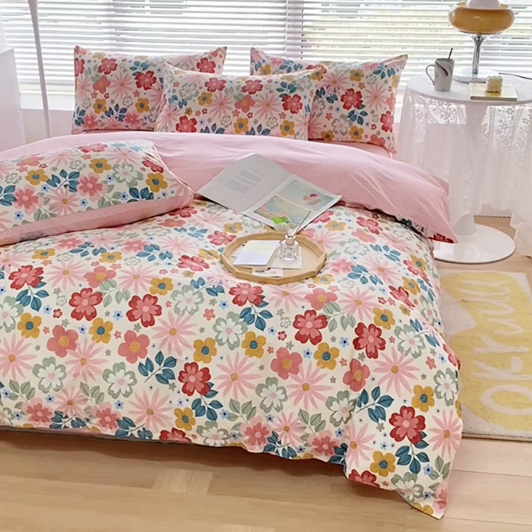 91家纺网 家纺一手货源 找家纺 宇彬家纺 2026直播新款13372A类全棉纯棉印花床单床笠款四件套和单被套喷气清新简约 米兰春天