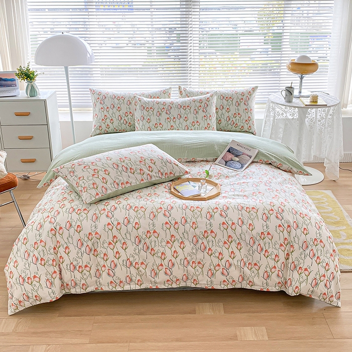 91家纺网 家纺一手货源 找家纺 宇彬家纺 2026直播新款13372A类全棉纯棉印花床单床笠款四件套和单被套喷气清新简约 南茜花园