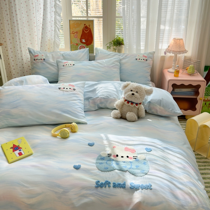 91家纺网 家纺一手货源 找家纺 曼之夏 2026新款50支长绒棉毛巾绣四件套 油画猫咪