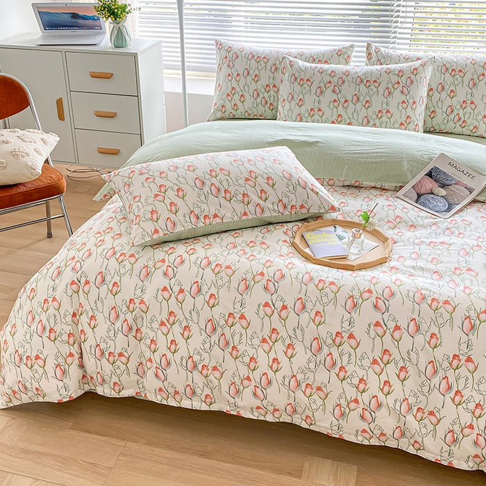 91家纺网 家纺一手货源 找家纺 宇彬家纺 2026直播新款13372A类全棉纯棉印花床单床笠款四件套和单被套喷气清新简约 南茜花园