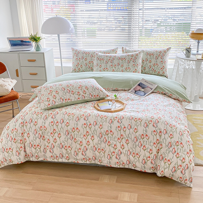 91家纺网 家纺一手货源 找家纺 宇彬家纺 2026直播新款13372A类全棉纯棉印花床单床笠款四件套和单被套喷气清新简约 南茜花园