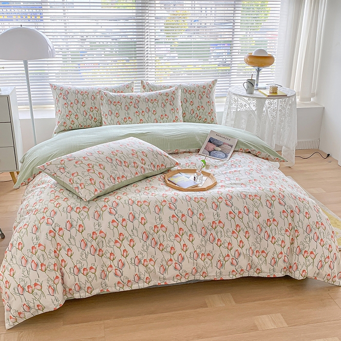 91家纺网 家纺一手货源 找家纺 宇彬家纺 2026直播新款13372A类全棉纯棉印花床单床笠款四件套和单被套喷气清新简约 南茜花园