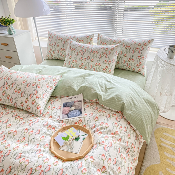 91家纺网 家纺一手货源 找家纺 宇彬家纺 2026直播新款13372A类全棉纯棉印花床单床笠款四件套和单被套喷气清新简约 南茜花园