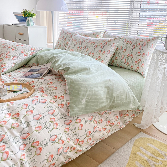 91家纺网 家纺一手货源 找家纺 宇彬家纺 2026直播新款13372A类全棉纯棉印花床单床笠款四件套和单被套喷气清新简约 南茜花园