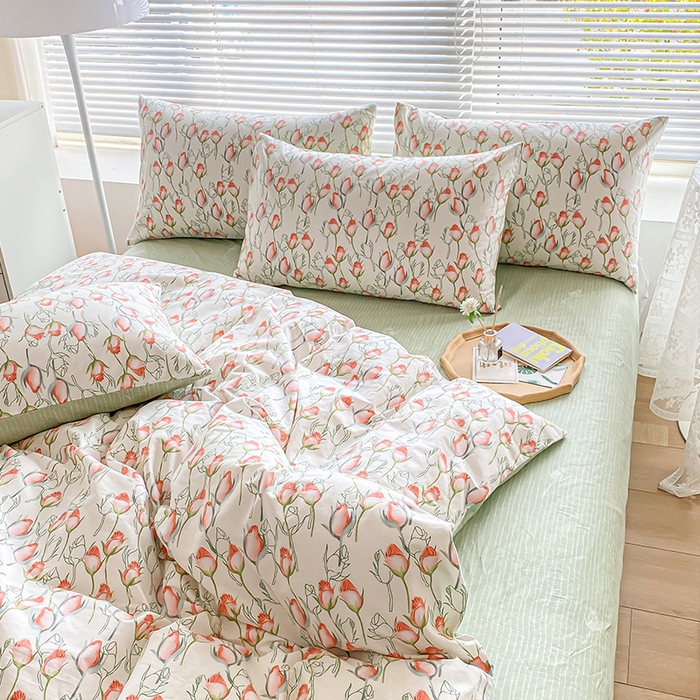 91家纺网 家纺一手货源 找家纺 宇彬家纺 2026直播新款13372A类全棉纯棉印花床单床笠款四件套和单被套喷气清新简约 南茜花园