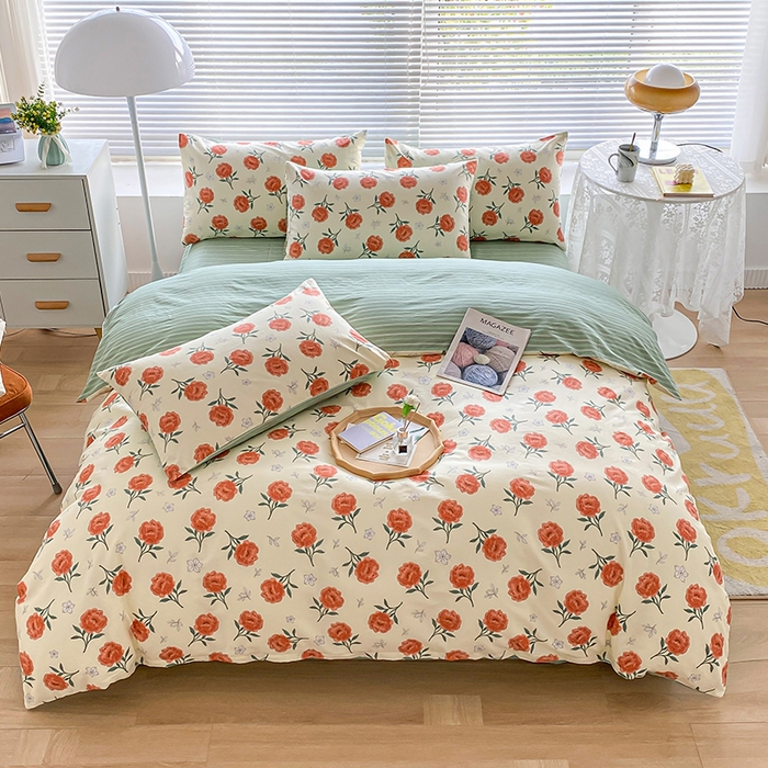 91家纺网 家纺一手货源 找家纺 宇彬家纺 2026直播新款13372A类全棉纯棉印花床单床笠款四件套和单被套喷气清新简约 浅尝春色