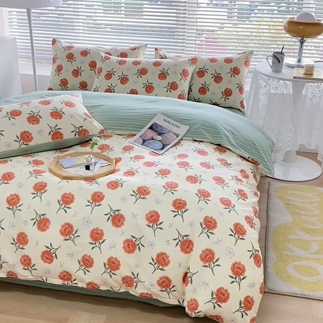 91家纺网 家纺一手货源 找家纺 宇彬家纺 2026直播新款13372A类全棉纯棉印花床单床笠款四件套和单被套喷气清新简约 浅尝春色