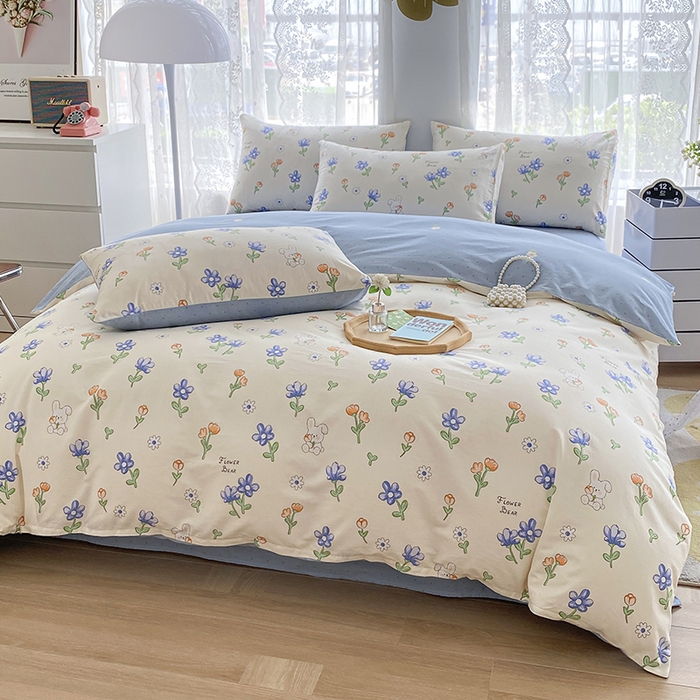 91家纺网 家纺一手货源 找家纺 宇彬家纺 2026直播新款13372A类全棉纯棉印花床单床笠款四件套和单被套喷气清新简约 蓝调时光