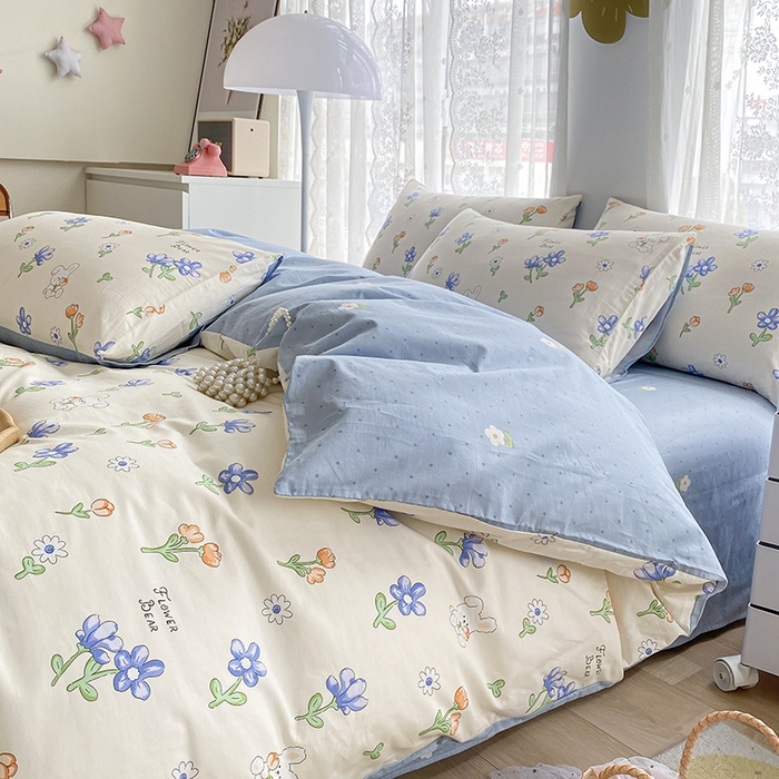 91家纺网 家纺一手货源 找家纺 宇彬家纺 2026直播新款13372A类全棉纯棉印花床单床笠款四件套和单被套喷气清新简约 蓝调时光