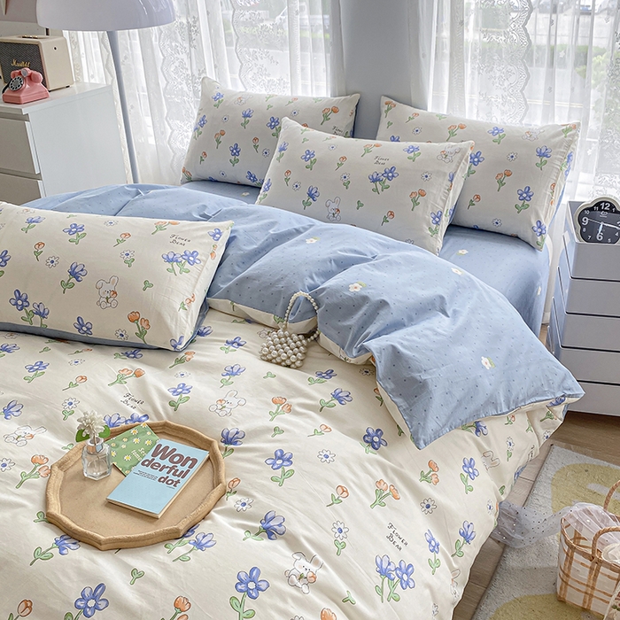 91家纺网 家纺一手货源 找家纺 宇彬家纺 2026直播新款13372A类全棉纯棉印花床单床笠款四件套和单被套喷气清新简约 蓝调时光