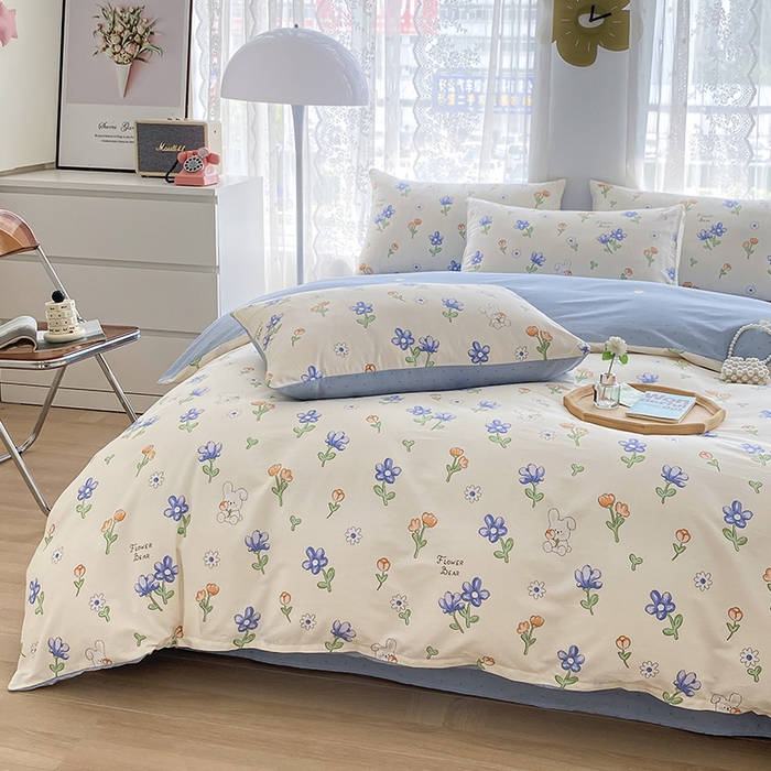 91家纺网 家纺一手货源 找家纺 宇彬家纺 2026直播新款13372A类全棉纯棉印花床单床笠款四件套和单被套喷气清新简约 蓝调时光