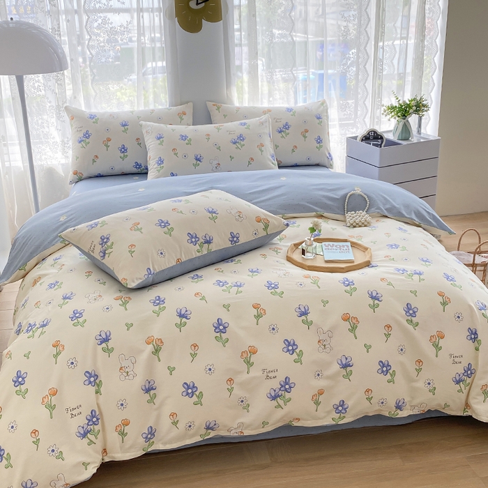 91家纺网 家纺一手货源 找家纺 宇彬家纺 2026直播新款13372A类全棉纯棉印花床单床笠款四件套和单被套喷气清新简约 蓝调时光