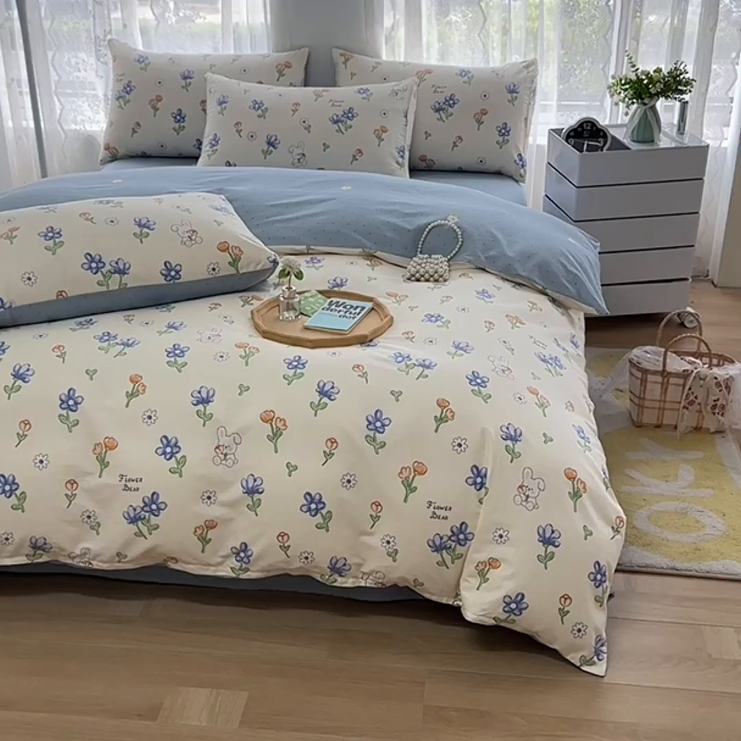 91家纺网 家纺一手货源 找家纺 宇彬家纺 2026直播新款13372A类全棉纯棉印花床单床笠款四件套和单被套喷气清新简约 蓝调时光