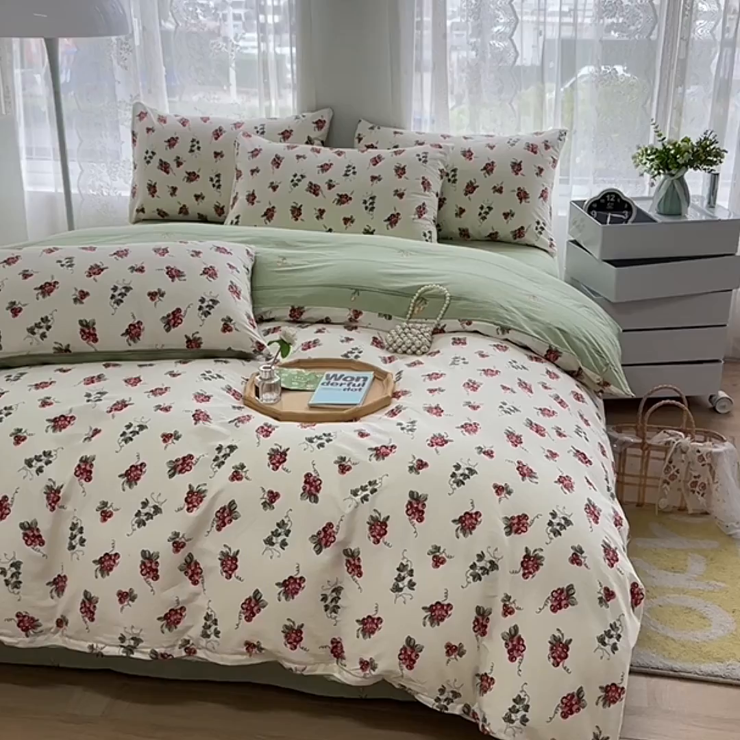 91家纺网 家纺一手货源 找家纺 宇彬家纺 2026直播新款13372A类全棉纯棉印花床单床笠款四件套和单被套喷气清新简约 葡香满庭