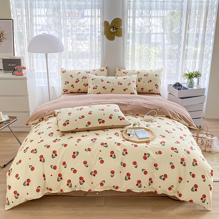 91家纺网 家纺一手货源 找家纺 宇彬家纺 2026直播新款13372A类全棉纯棉印花床单床笠款四件套和单被套喷气清新简约 束朵（红）