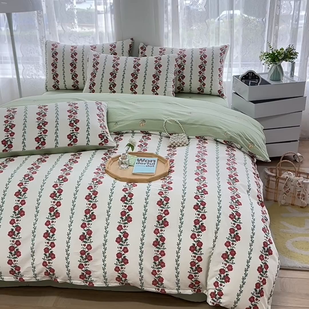 91家纺网 家纺一手货源 找家纺 宇彬家纺 2026直播新款13372A类全棉纯棉印花床单床笠款四件套和单被套喷气清新简约 颂姿