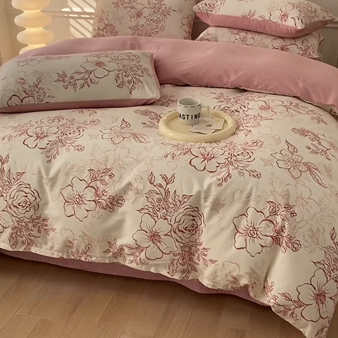 91家纺网 家纺一手货源 找家纺 宇彬家纺 2026直播新款13372A类全棉纯棉印花床单床笠款四件套和单被套喷气清新简约 东方国潮