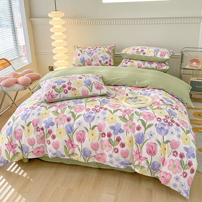 91家纺网 家纺一手货源 找家纺 宇彬家纺 2026直播新款13372A类全棉纯棉印花床单床笠款四件套和单被套喷气清新简约 朵彩-米