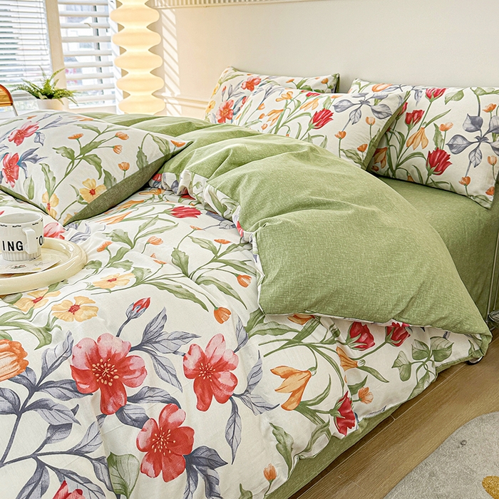 91家纺网 家纺一手货源 找家纺 宇彬家纺 2026直播新款13372A类全棉纯棉印花床单床笠款四件套和单被套喷气清新简约 朵霏